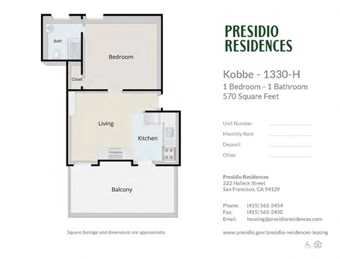 A floor plan for a 1 bedroom apartment at Presidio Residences.